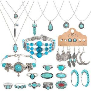 24 Pcs Western Jewelry for Women Boho Set Bohemian Turquoise Jewelry Set